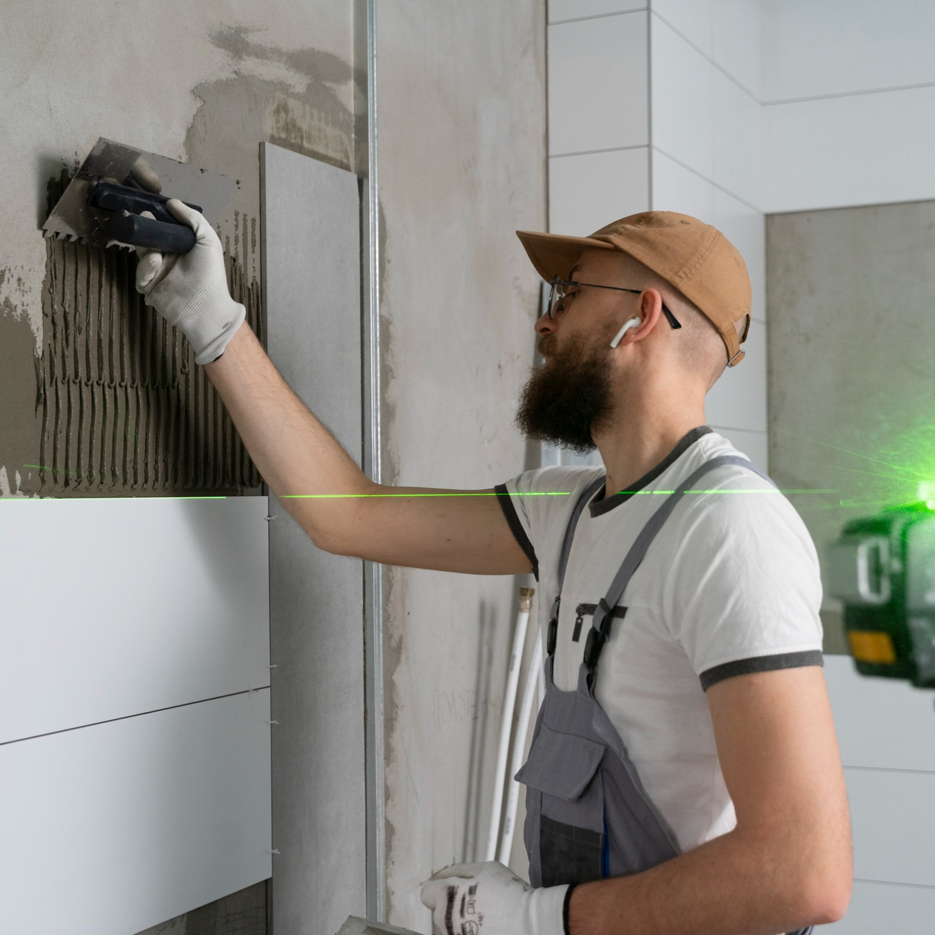 Professional wall tile installation using adhesive and laser level for perfect alignment