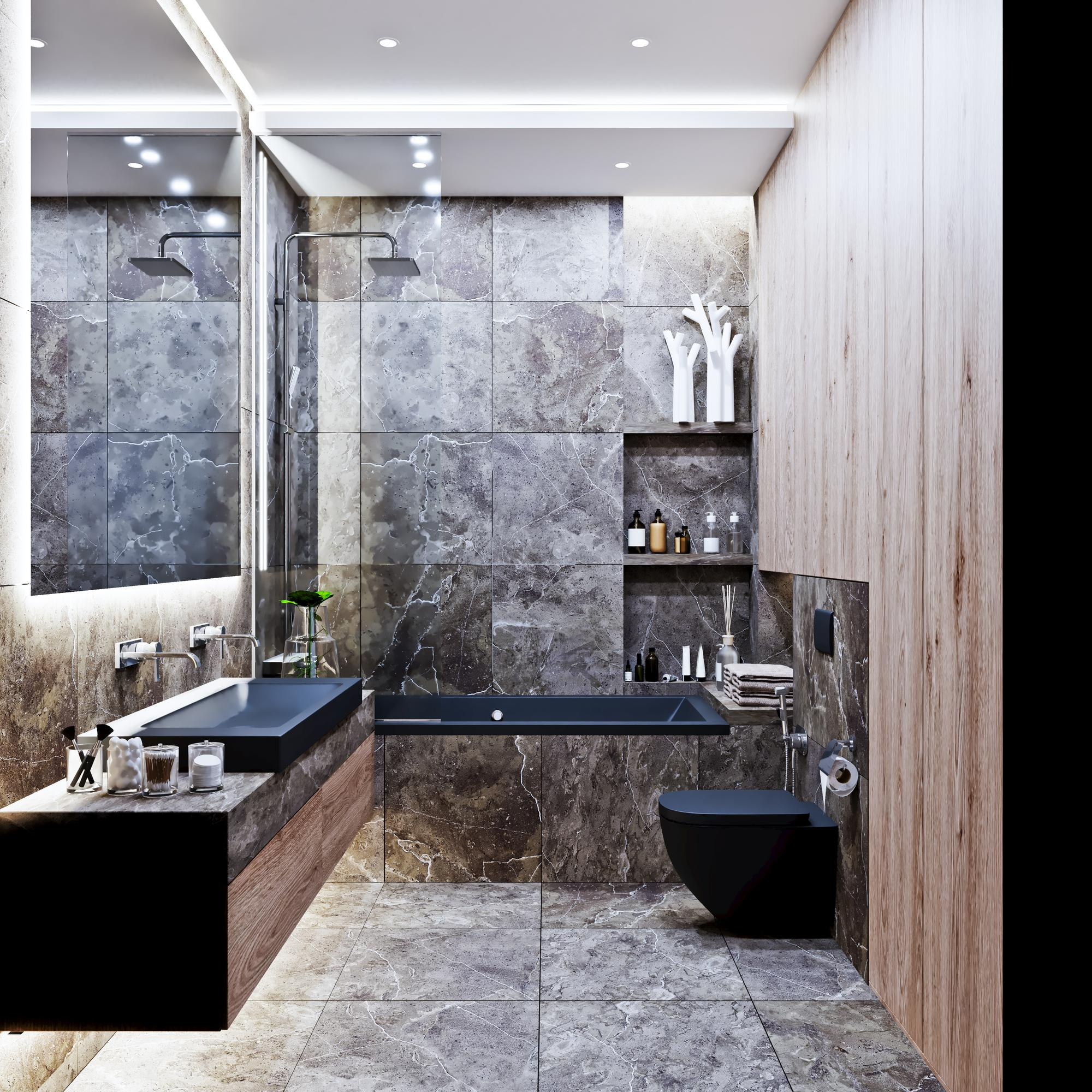 Modern luxury bathroom with dark marble tiles, floating vanity, and sleek bathtub design