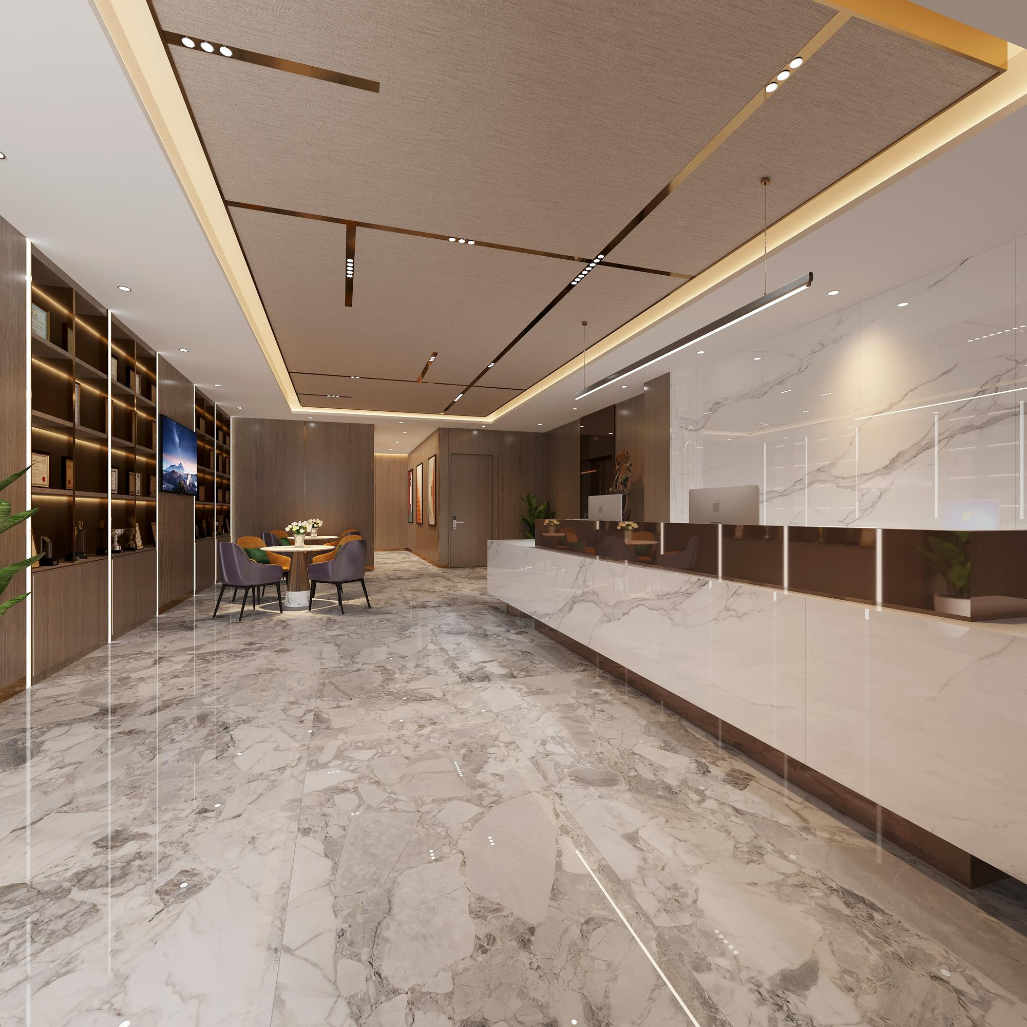 Contemporary reception area with warm lighting and sleek design elements.