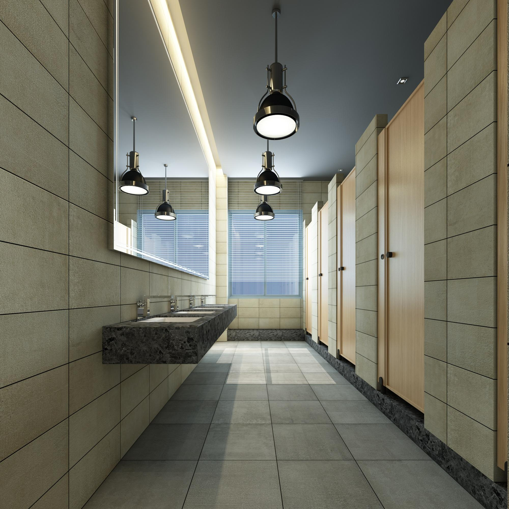 A sleek and modern bathroom interior featuring stylish lighting and a clean design.