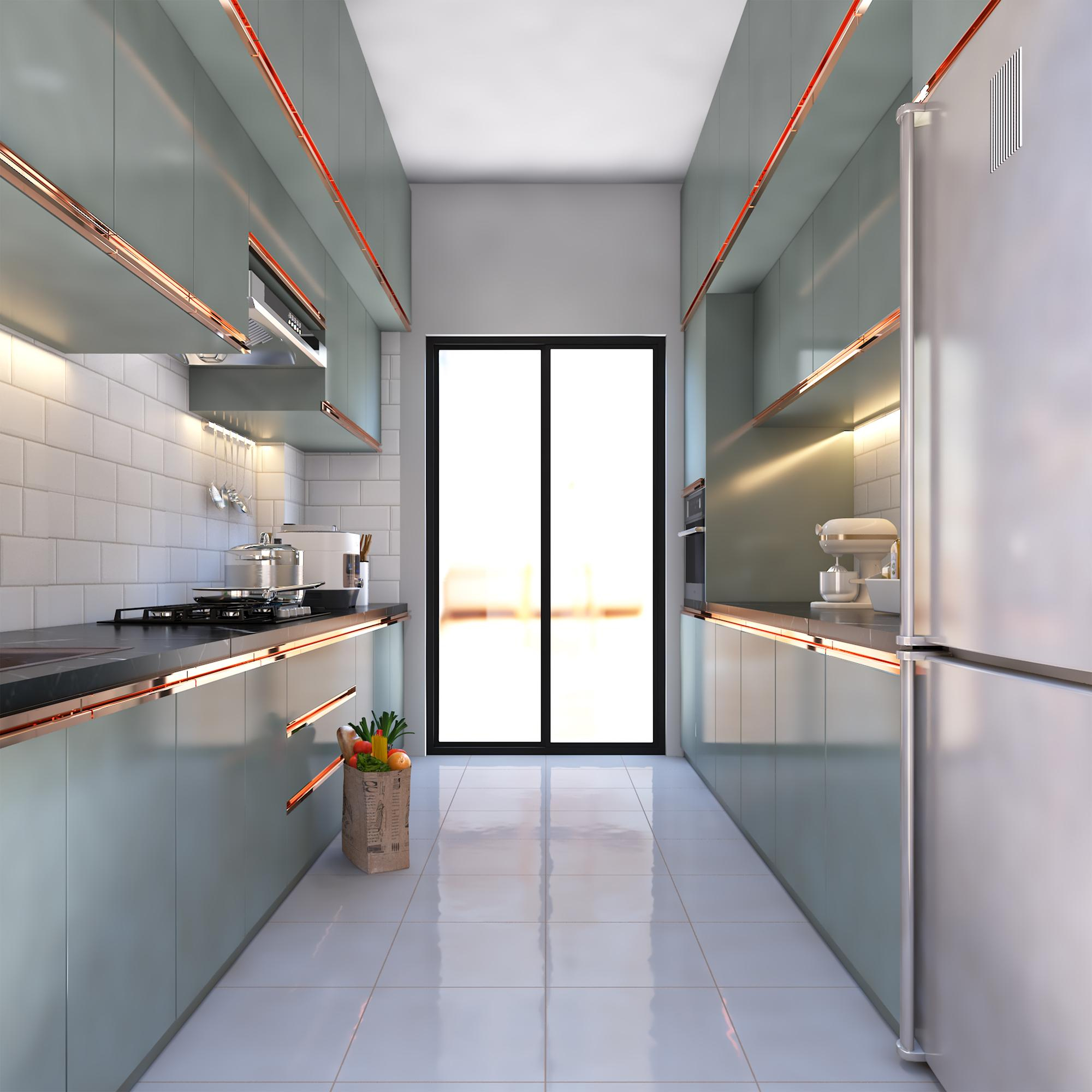 Modern Los Angeles kitchen with glossy floor tiles and sleek cabinetry