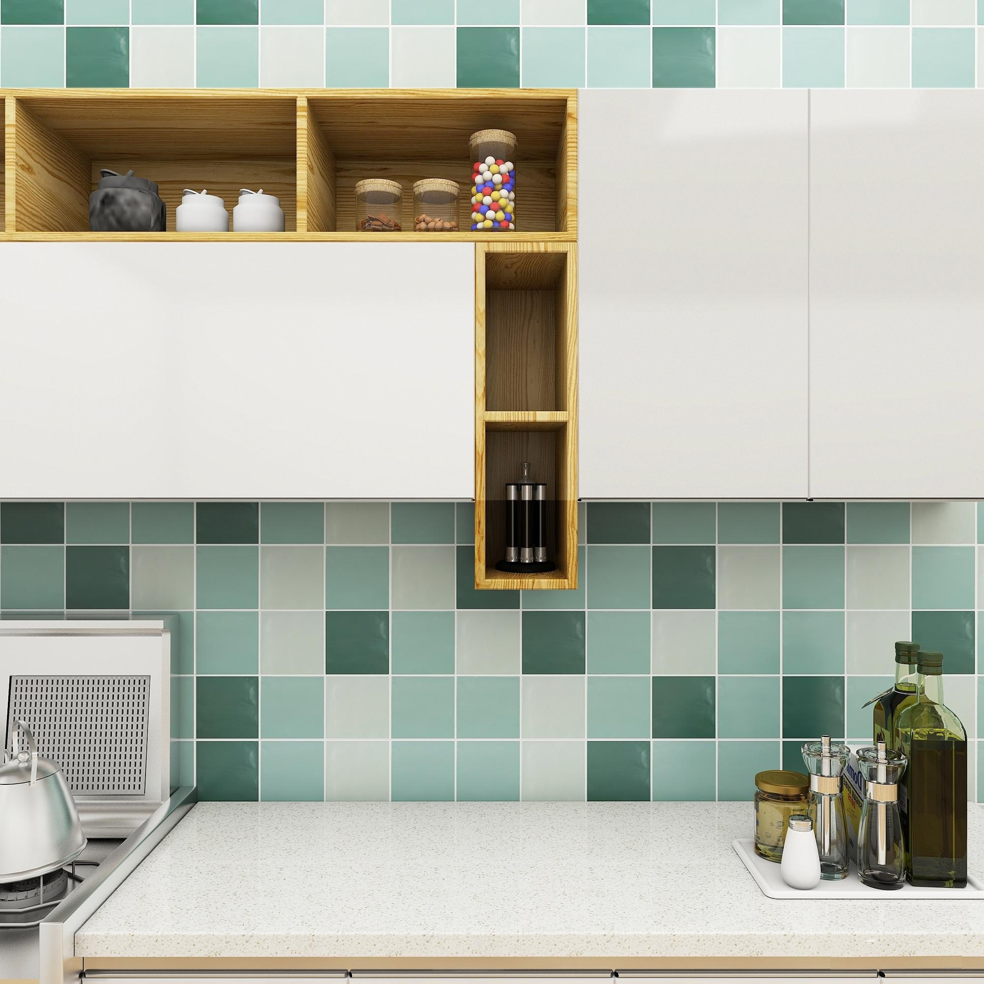 Los Angeles kitchen backsplash with teal square tiles and white cabinets