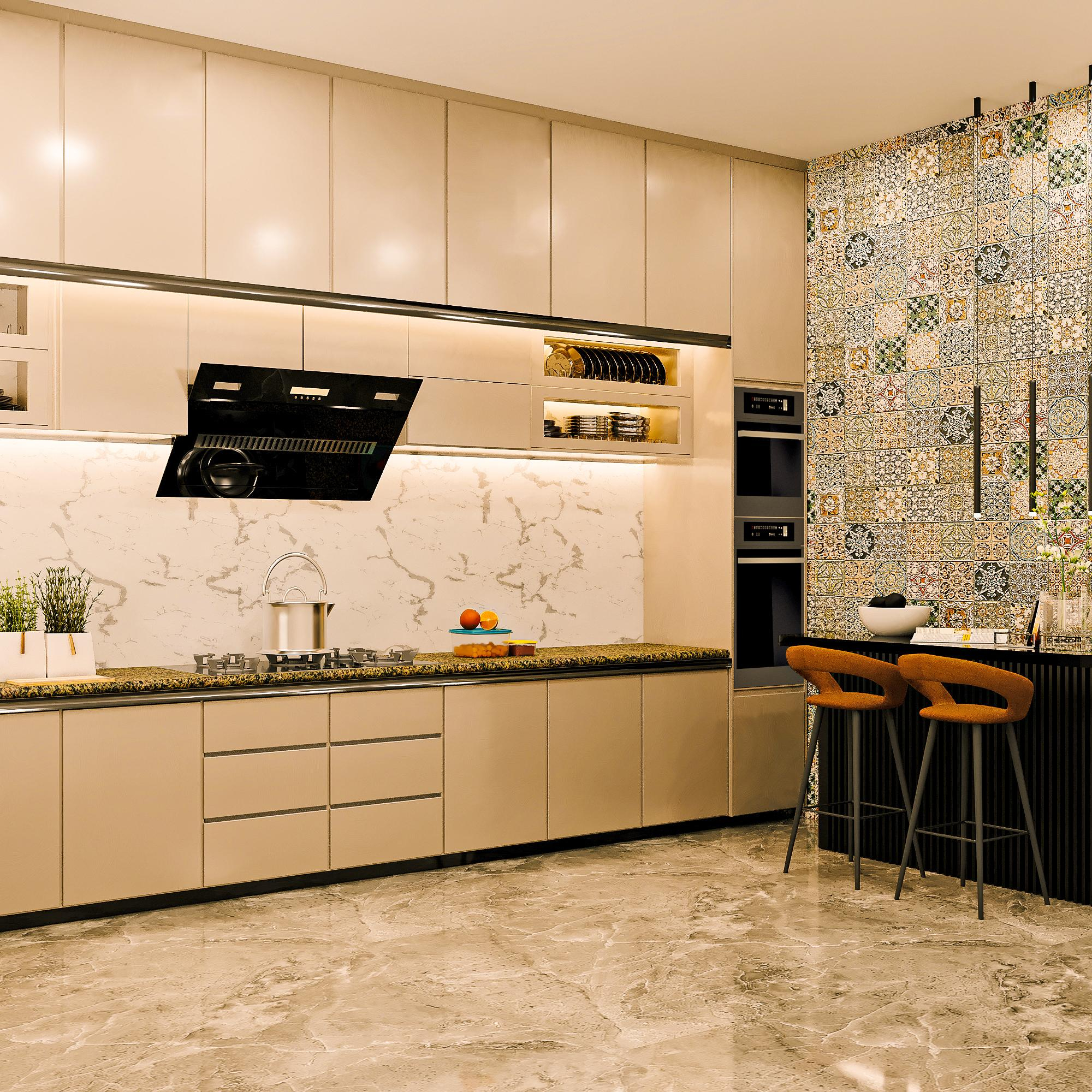Luxury Los Angeles kitchen featuring patterned wall tiles and marble flooring