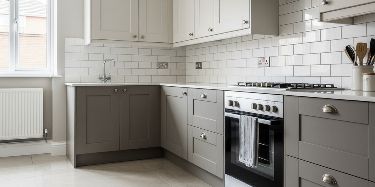 Bright Los Angeles kitchen with subway tile backsplash and modern tile flooring