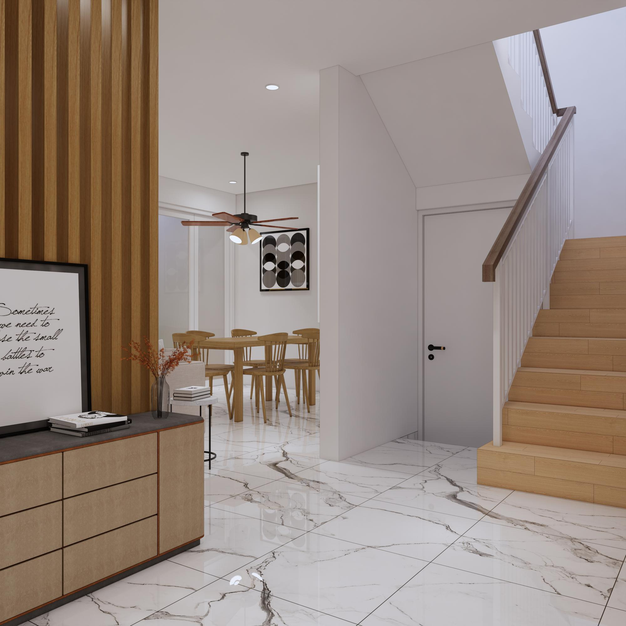 Bright residential interior featuring white marble-look floor tiles, wooden staircase, dining area, and minimalist décor.