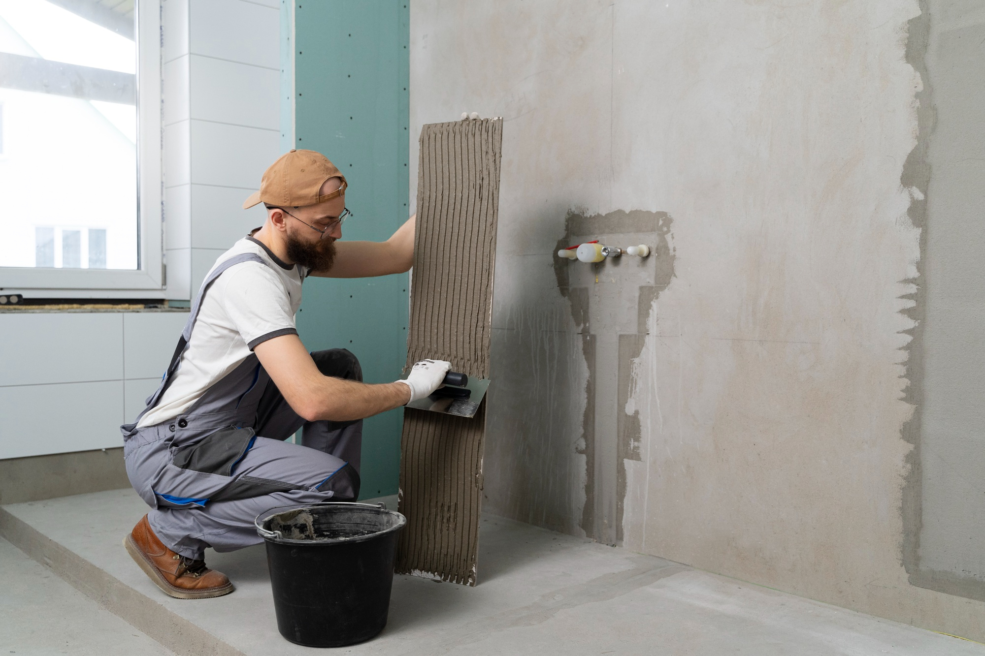 Construction worker spreading tile adhesive on a wall with a trowel during interior tiling installation