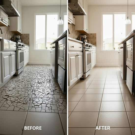 Kitchen tile repair before and after – damaged floor replaced with new ceramic tiles
