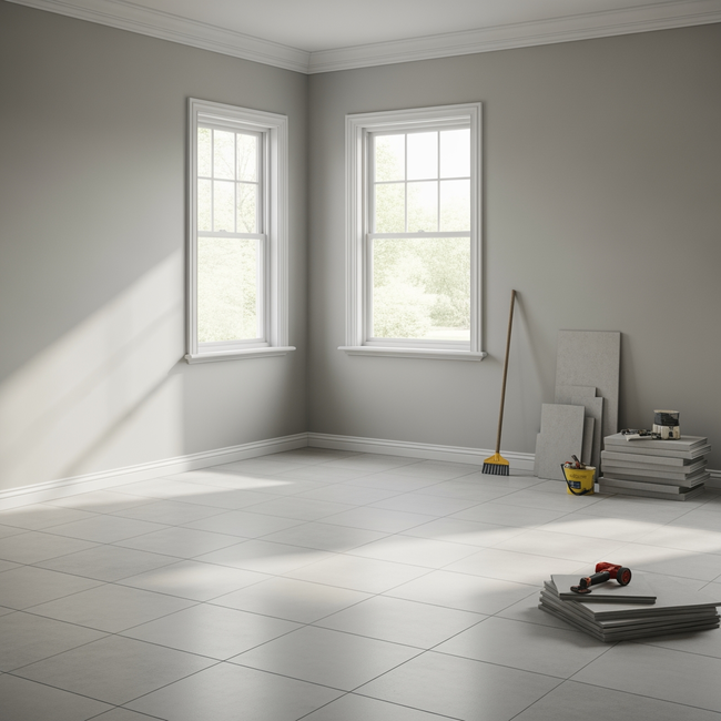Newly installed ceramic tile flooring in a bright residential room with tools prepared for final cleanup