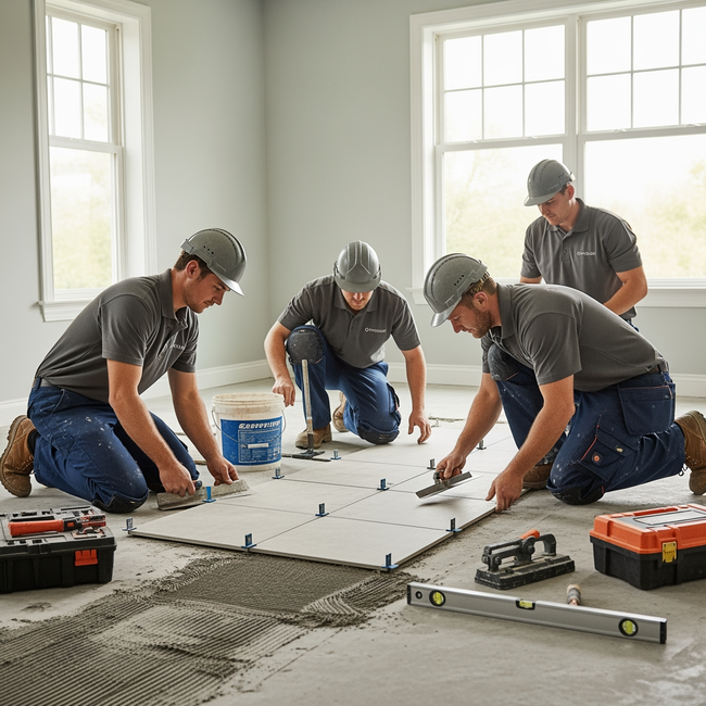 Professional floor tile installation team leveling large-format tiles in a residential room