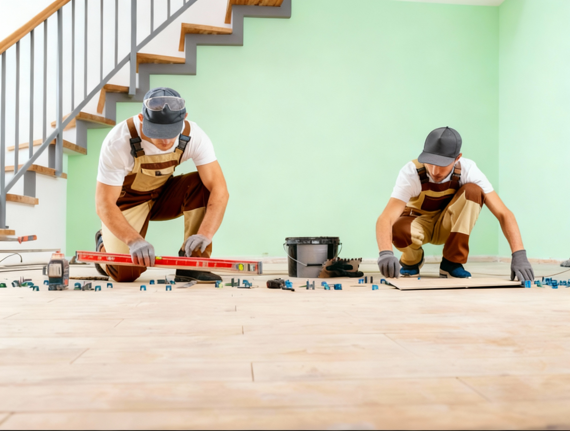 Flooring technicians using leveling tools to install wood-look floor tiles during renovation