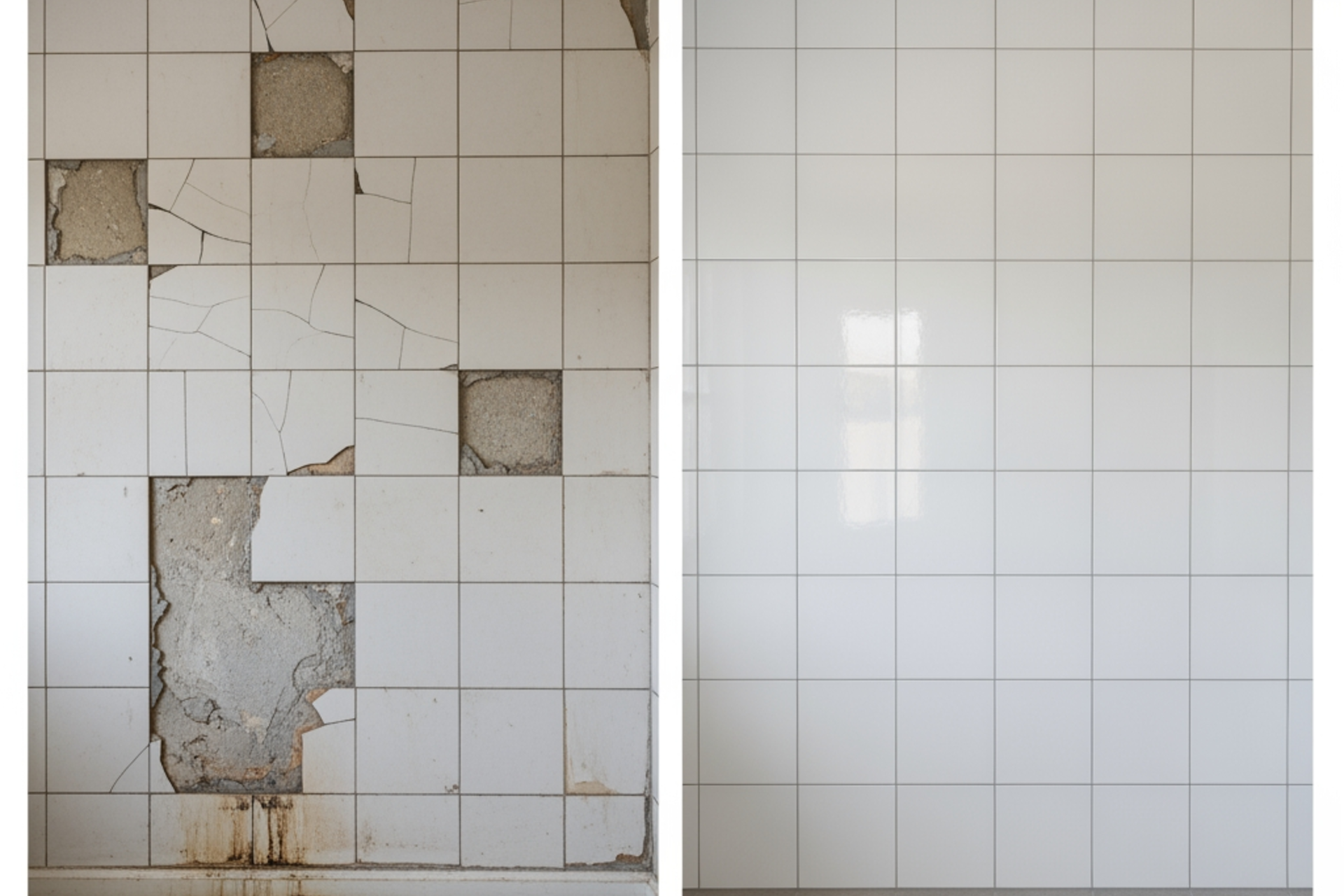 before and after wall tile repair showing cracked tiles restored to a clean finish