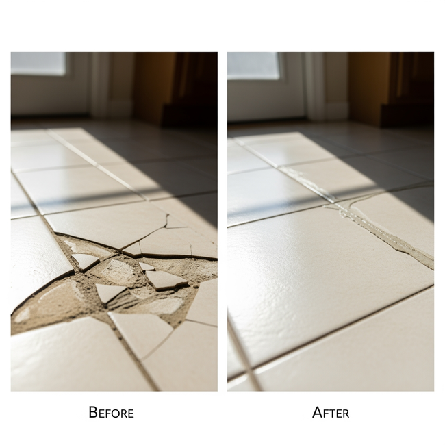 Before and after cracked tile repair showing restored ceramic flooring